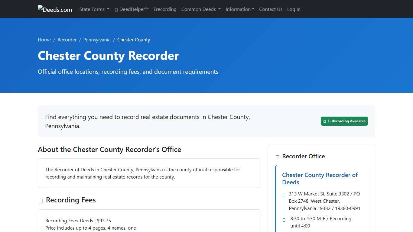 Chester County Recorder Information, Pennsylvania - Deeds.com